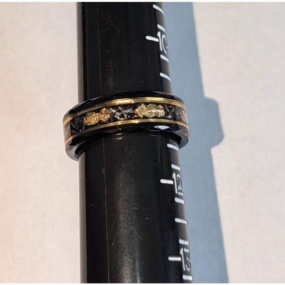 Mens Tungsten Carbide Ring Crushed Gold Leaf Meteorite Inlay Sz 11 Unique Cosmic - Picture 10 of 11